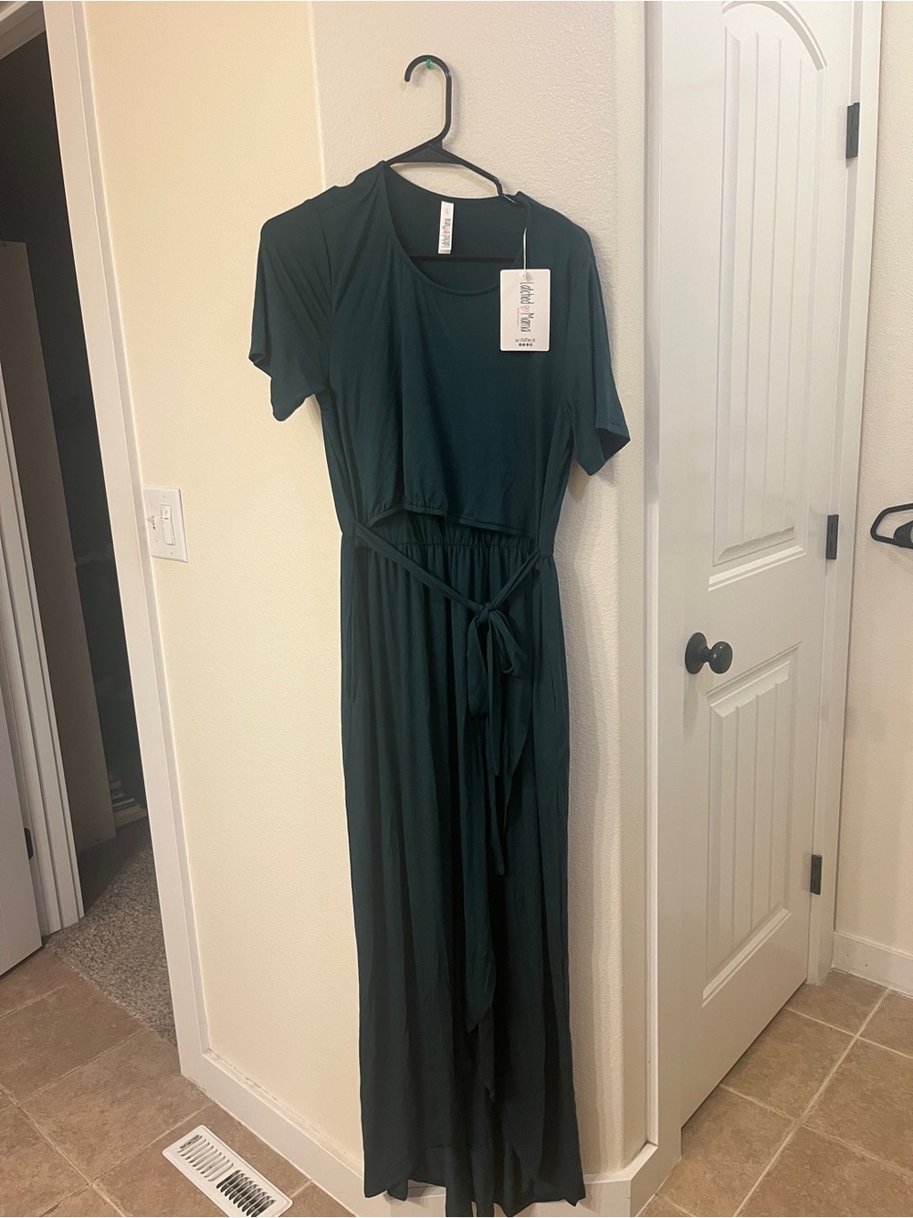 Latched Mama Deep Teal Short Sleeve Nursing Maxi Dress with Waist Tie